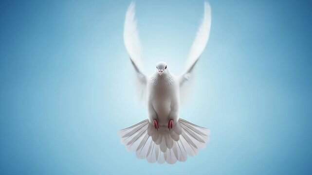 White dove flying upward and descending on clear blue sky, spiritual bird movement. Freedom and hope concept for peace footage.