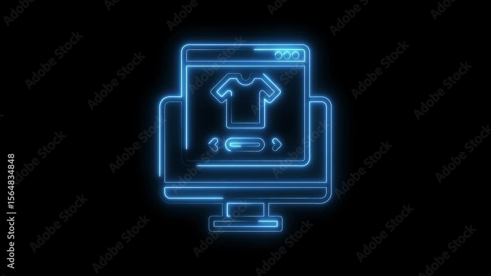 Aufkleber neon computer screen displaying tshirt online shopping option with arrows on black background
