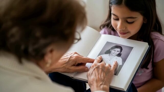 A loving grandmother shows her curious granddaughter a black and white photo of her younger self in a photo album, a touching concept for family heritage, legacy, and intergenerational bonds
