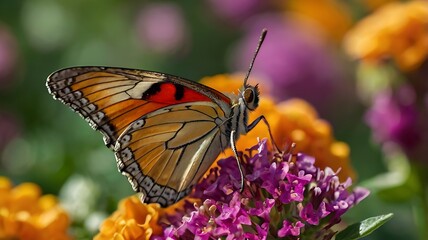 Fototapeta premium A butterfly with orange and red markings on its wings perched on a cluster of small purple flowers