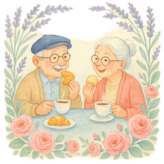 Elegant grandparents drinking tea surrounded by roses, calm and refined moment of aging grace.