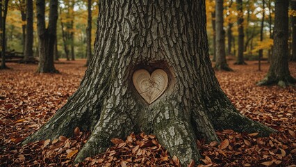 Heart shaped carving in autumn tree trunk
