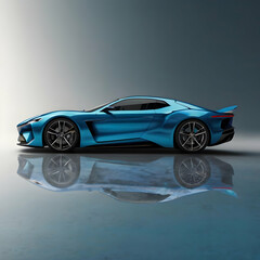 Blue luxury sports car side view, Modern supercar in heavy light, High-performance vehicle concept, Sleek aerodynamic car design, Exotic car on plain floor, Futuristic electric car styling.