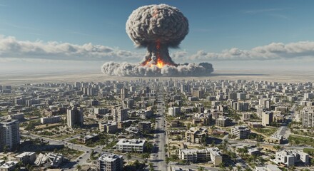 Nuclear explosion with mushroom cloud over city