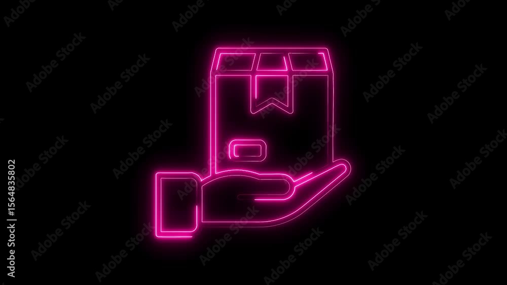 Poster neon hand holding package delivery service animation loop on black background