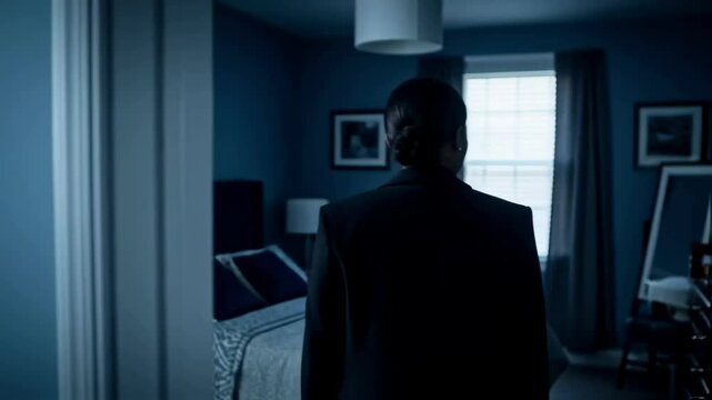 A grieving african american woman with tears on her face slowly enters a dark, somber bedroom, representing profound sadness, loneliness, and the emotional impact of personal loss