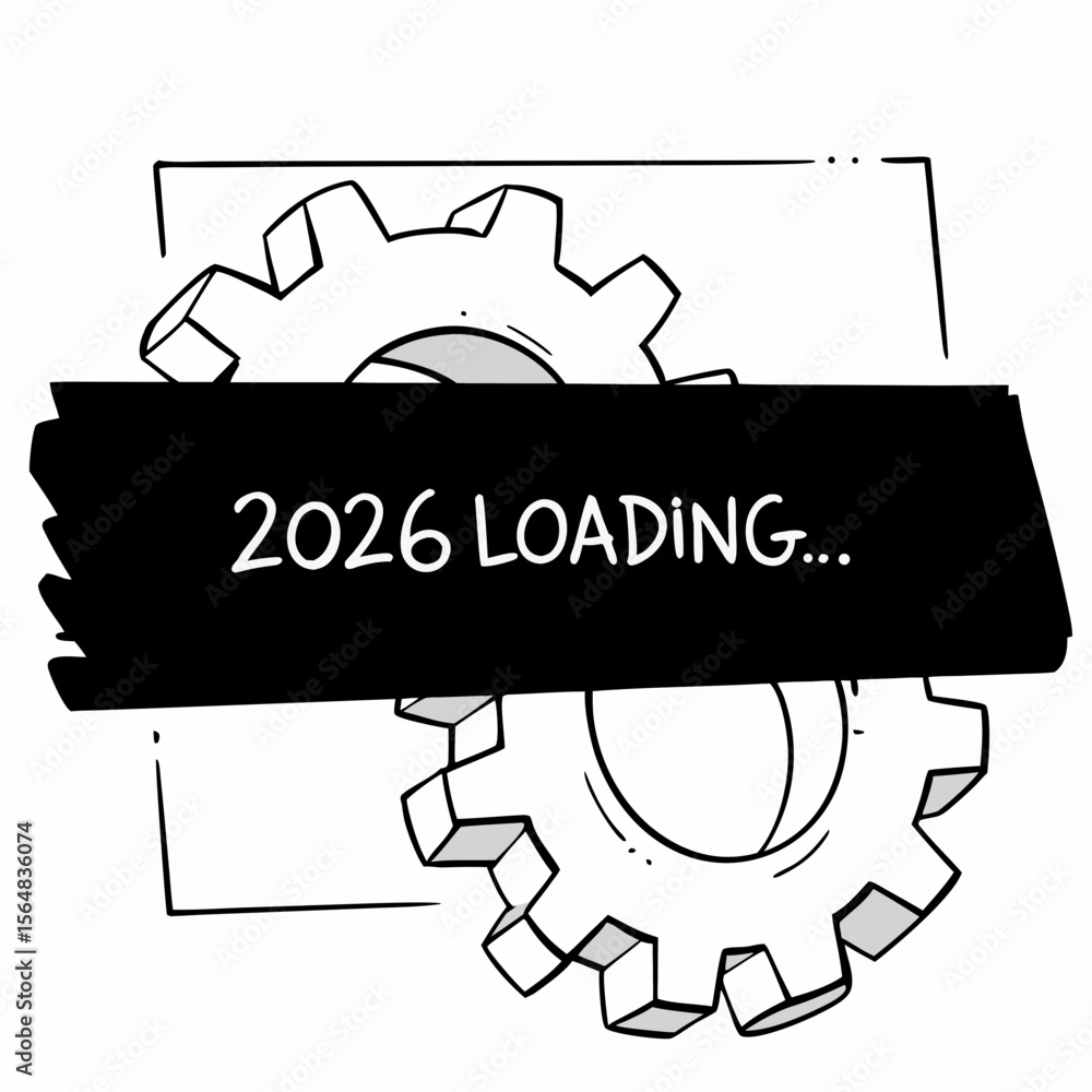 Poster gears turning with 2026 loading signifies upcoming year of progress isolated on white background