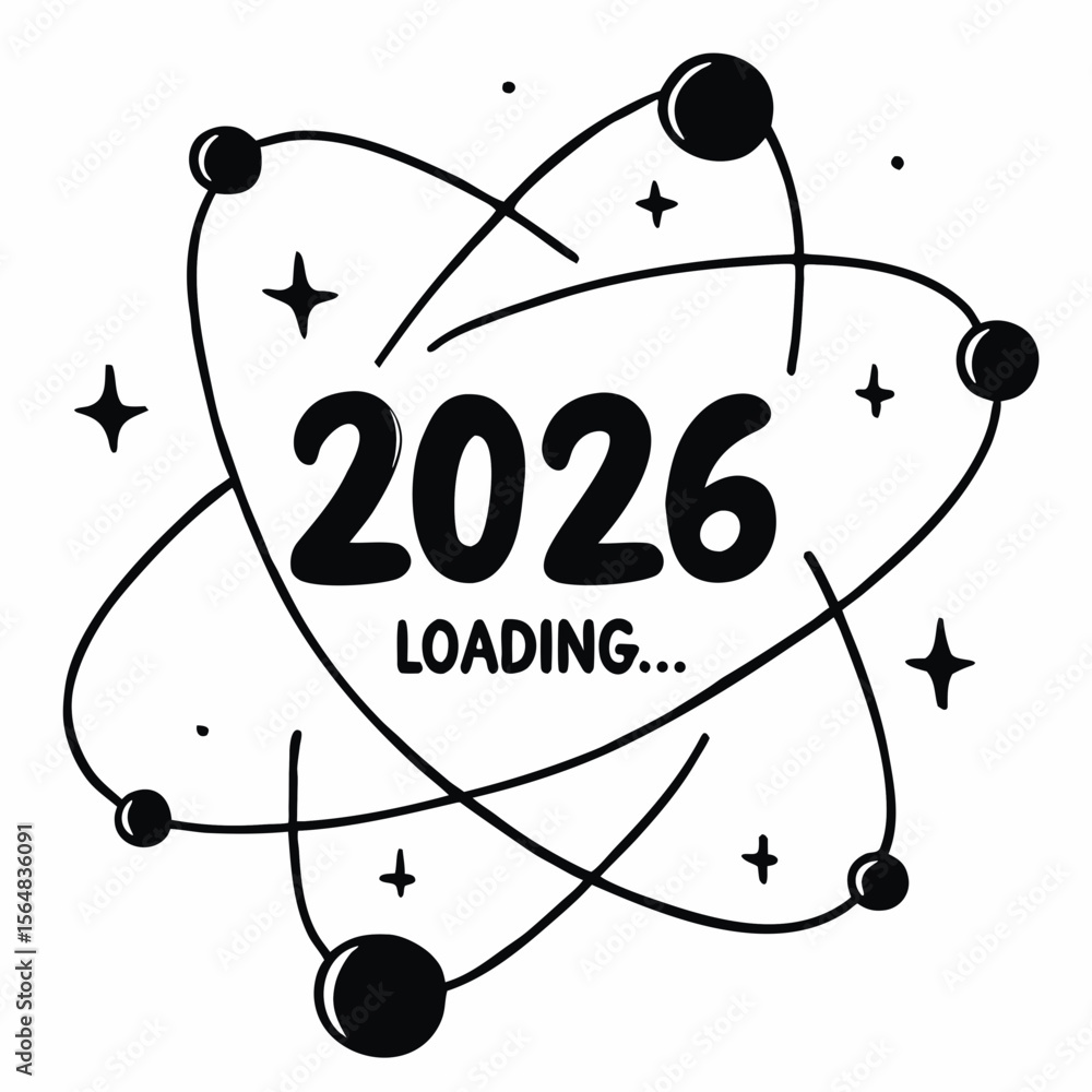 Poster an atom loading with 2026 signifies the upcoming year in science isolated on white background