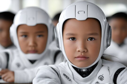Children astronauts wearing futuristic space helmets preparing for mission