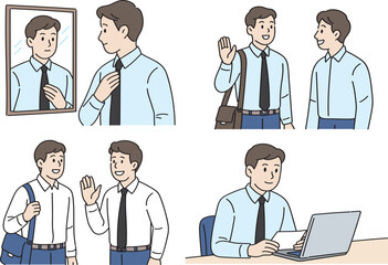 Business Man Daily Activities Character Set with Office Work Routine