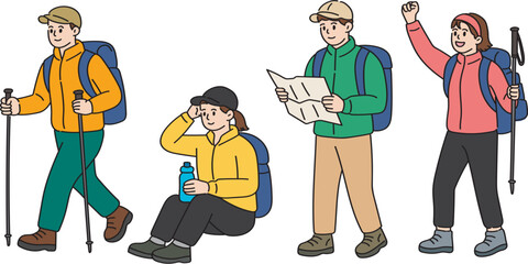 Hiking and Trekking People Character Set with Outdoor Activities