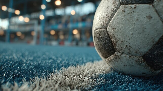 Soccer ball resting near goal line at a sports facility during evening training session