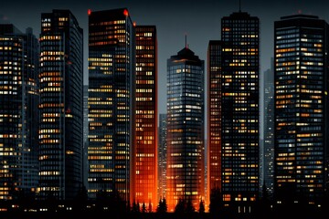 Illuminated skyscrapers dominating the night skyline with a warm red glow