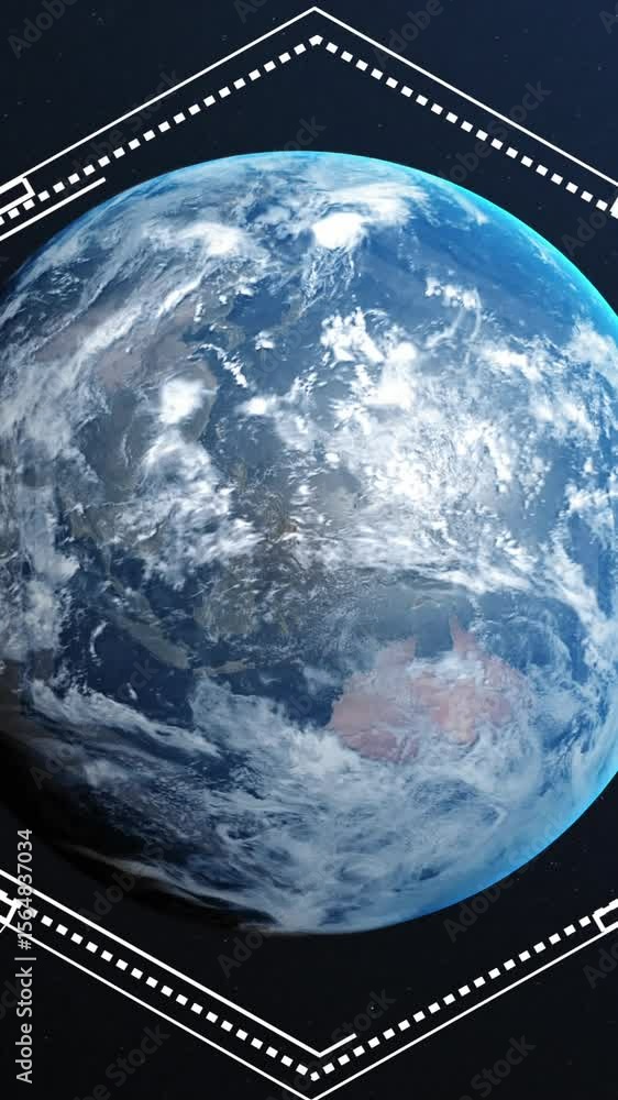 Poster animation of hexagonal shapes over a globe against blue background