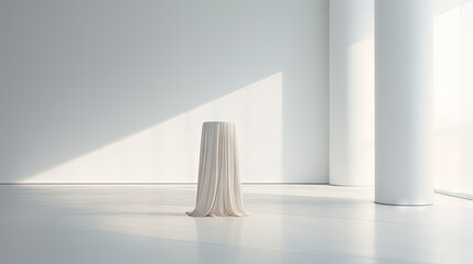 White cloth covered pedestal in bright minimal gallery interior