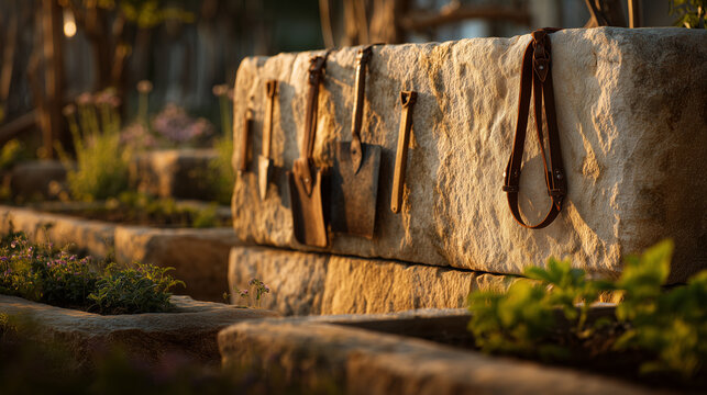 Artisanal stone pillar rack displaying garden tools on rustic background for outdoor workspace organization tips