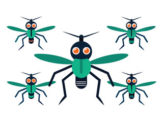 Stylized cartoon mosquitos with large orange eyes and teal wings on a white background
