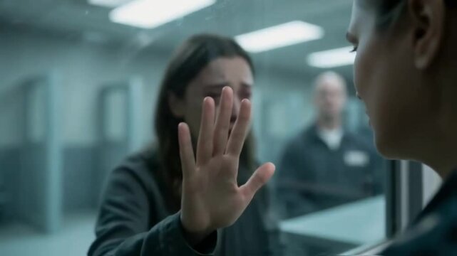 Heartbroken woman cries during a prison visit, touching the glass partition that separates her from an inmate, a powerful scene representing separation, grief and the justice system