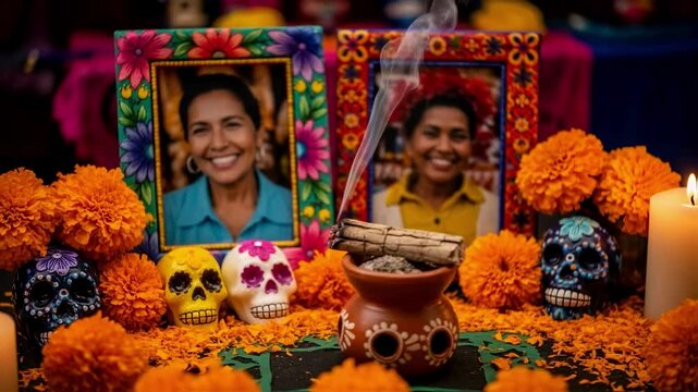 A colorful D&iacute;a de los Muertos ofrenda is decorated with marigold flowers, sugar skulls, burning copal incense, and photographs, a vibrant concept of mexican tradition and remembrance