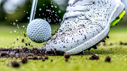 Close-up of a Golf Shoe Striking a Golf Ball, Splashing Mud