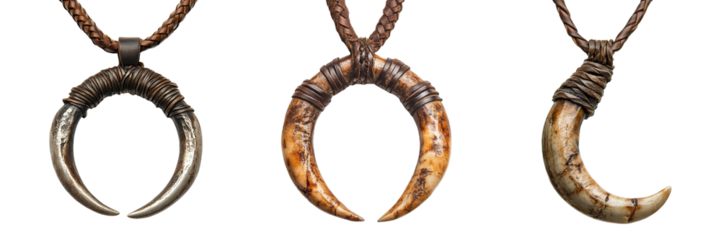 Primitive Bear Claw Pendant Necklaces with Leather Cord and Tribal Wrapping Isolated on Transparent Background