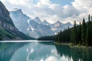 Naklejka premium Snowy Mountain Reflection in Serene Lake – Nature Landscape for Travel Editorials, Tranquil Branding, and Wilderness Themes