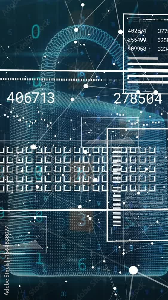 Poster animation of interface with data processing over security padlock icon and network of connections