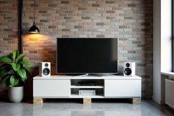A modern living room features a TV, speakers, and decorative plants in an industrialstyle space. Reuse of wooden pallets, care for the environment. secondary raw materials and recycling