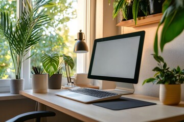 Fototapeta premium Comfortable home office setup featuring plants and natural light illuminating workspace