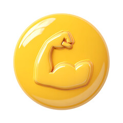 Glossy Yellow Arm Flexing Bicep Emoji on yellow rounded shape, transparent background.