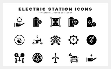 15 Electric Station Glyph icons pack. vector illustration.