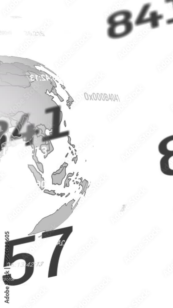 Poster animation of multiple changing numbers over spinning globe against white background