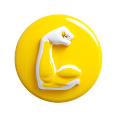Glossy Yellow Arm Flexing Bicep Emoji on yellow rounded shape, transparent background.