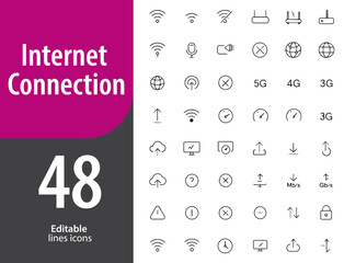 Internet Connection Line Icons, WiFi Signal, Router, Ethernet, Mobile Data, Cloud Sync, Editable Formats: AI, EPS, PNG, Ideal for Both Digital and Print Use

