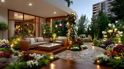 Luxury balcony with lush green plants high resolution photo