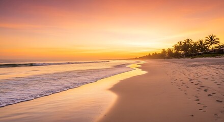 Obraz premium Beautiful beach sunset wallpaper background with palm trees and ocean waves for desktop screensaver