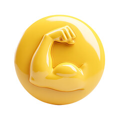 Glossy Yellow Arm Flexing Bicep Emoji on yellow rounded shape, transparent background.