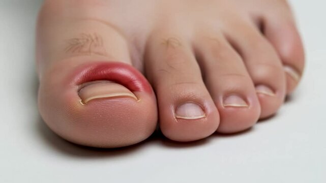 Close-up of an inflamed and swollen big toe with redness around the nail, indicating paronychia or an ingrown toenail, a medical concept for podiatry, dermatology and infection