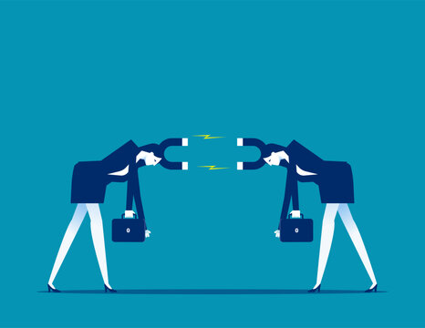 Social Polarization. Magnet headed business person repel or attract each other