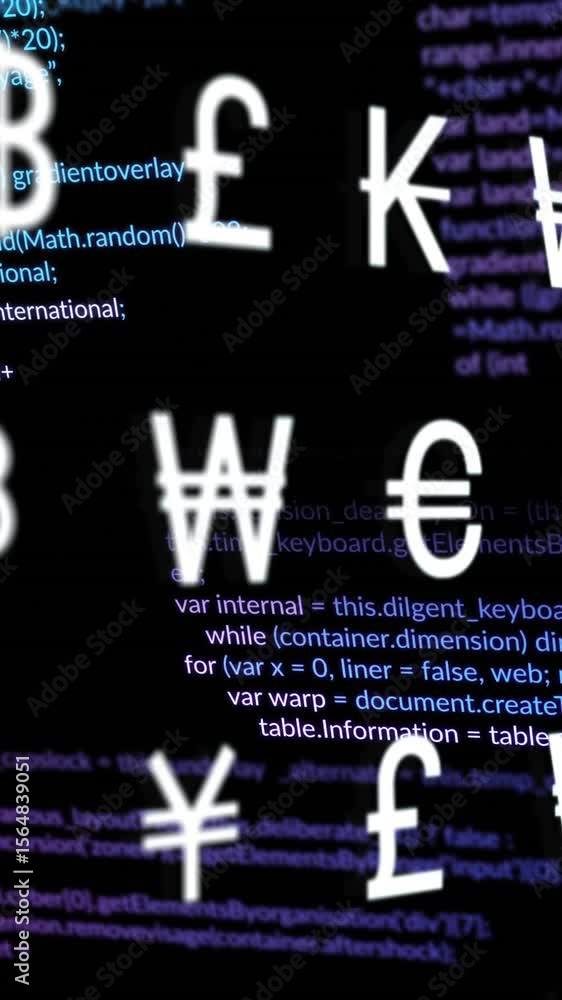 Poster animation of multiple currency symbols over data processing against black background