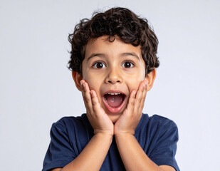 Excited surprised child boy portrait with amazed expression hands on face studio isolated white background