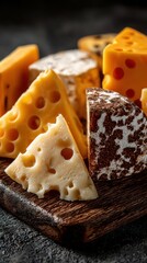 Variety of cheeses arranged on a wooden board displayed in a cozy kitchen at dusk