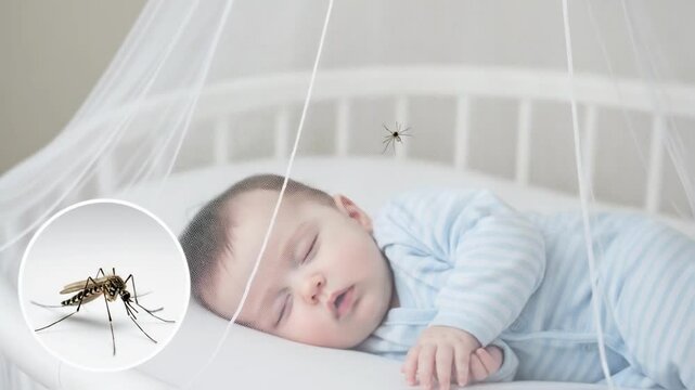 A peaceful baby sleeps under a protective mosquito net in a crib as a mosquito hovers nearby, representing child safety, pest control and protection from insect-borne disease