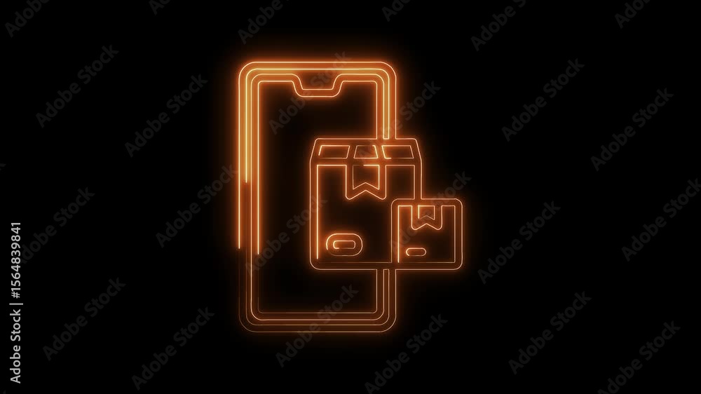 Poster neon style smartphone with shipping boxes outline animation on black background represents online or