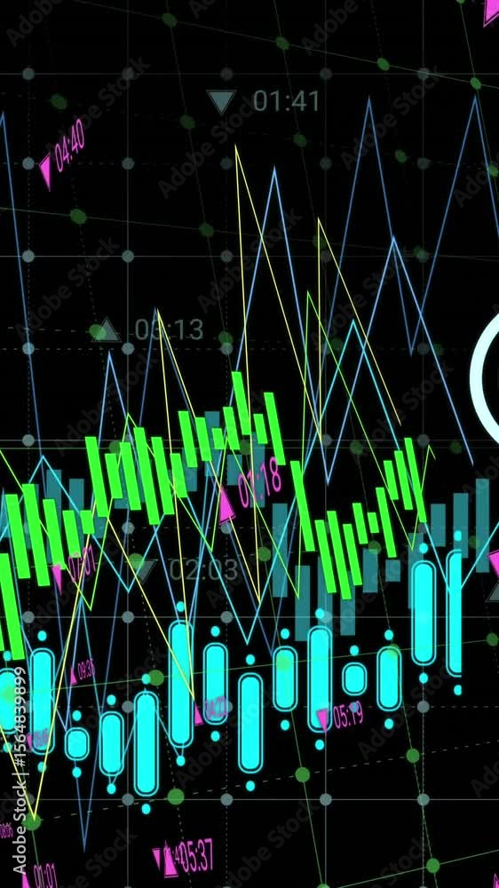 Poster Animation of data processing and digital icons over grid network against black background