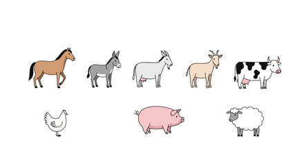 Vector illustration of farm animals including horse donkey goat cow pig sheep and chicken vector graphics