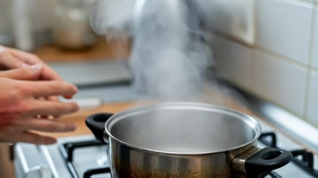 A person's hand with red skin from a steam burn is held over a pot of boiling water on a stove, symbolizing a common household accident, pain, injury and the need for first aid