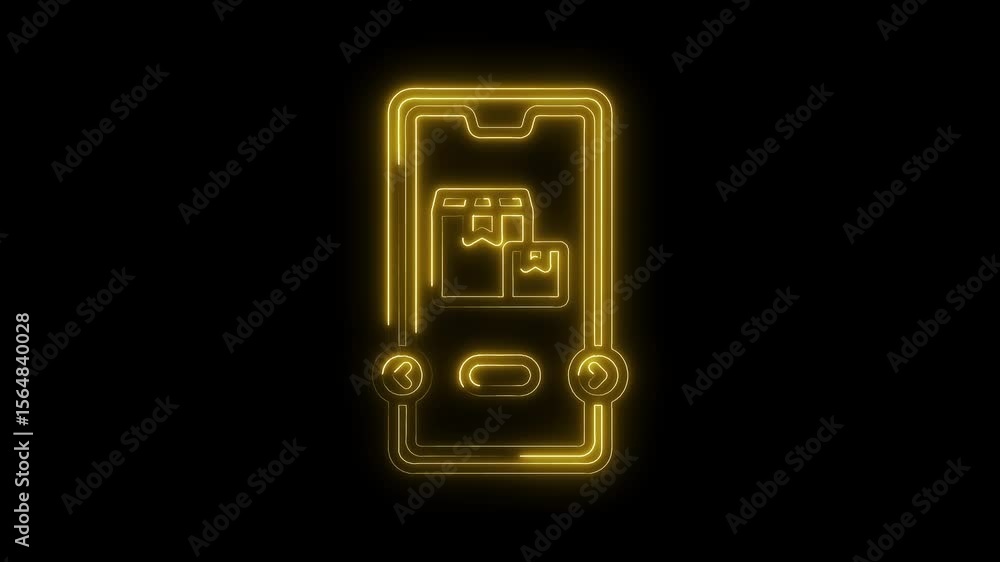 Poster neon mobile app interface showing online delivery order with boxes on black background