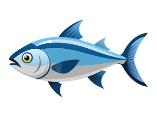 A stylized illustration of a sleek blue and silver fish swimming with its fins spread against a white background
