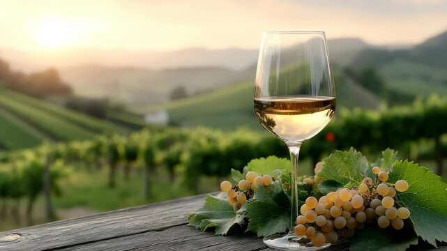 Vineyard sunset glass: wine vessel, golden backdrop, evening hue, scenic terrain, tranquil glow, serene moment, rustic charm, peaceful vista, radiant horizon, still serenity, romantic beauty,